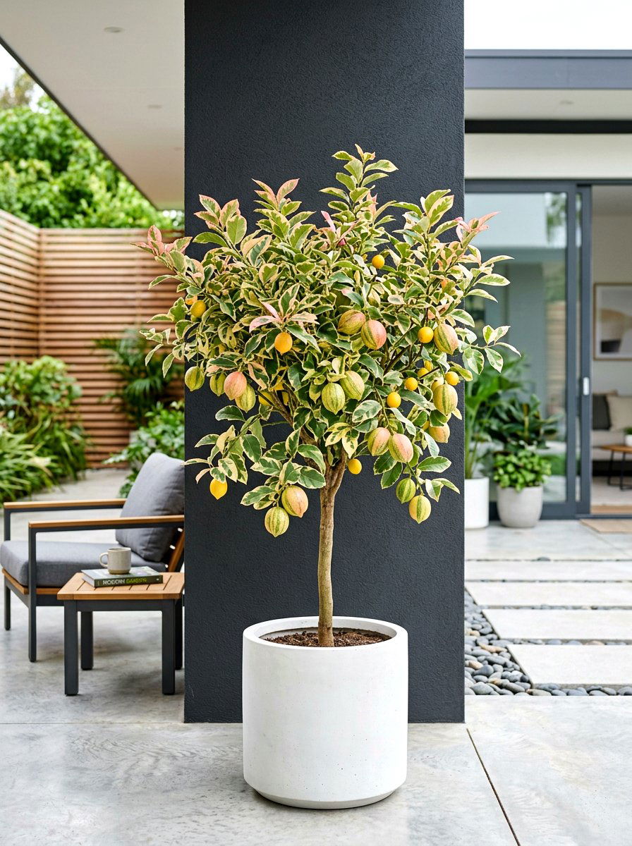 Pink Variegated Lemon Tree Modern Patio - 30 citrus patio tree ideas