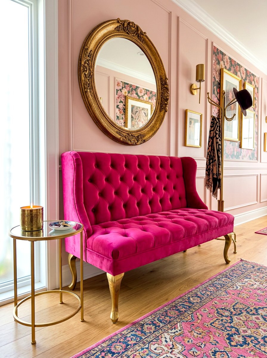 Pink Velvet Entryway Bench - 30 dopamine entryway ideas