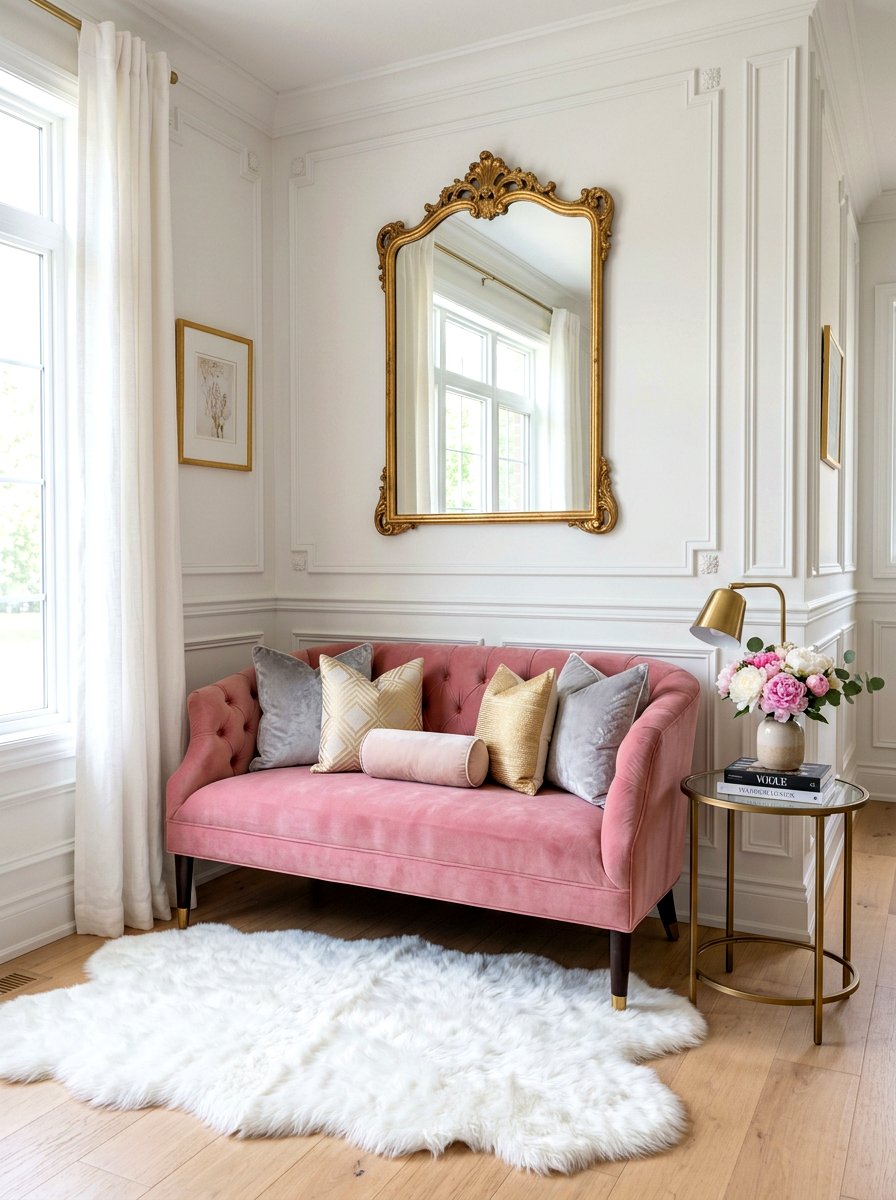 Pink Velvet Settee - 30 sofa styling ideas