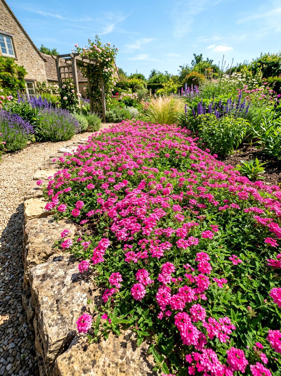 Pink Verbena Groundcover - 30 pink flower bed ideas