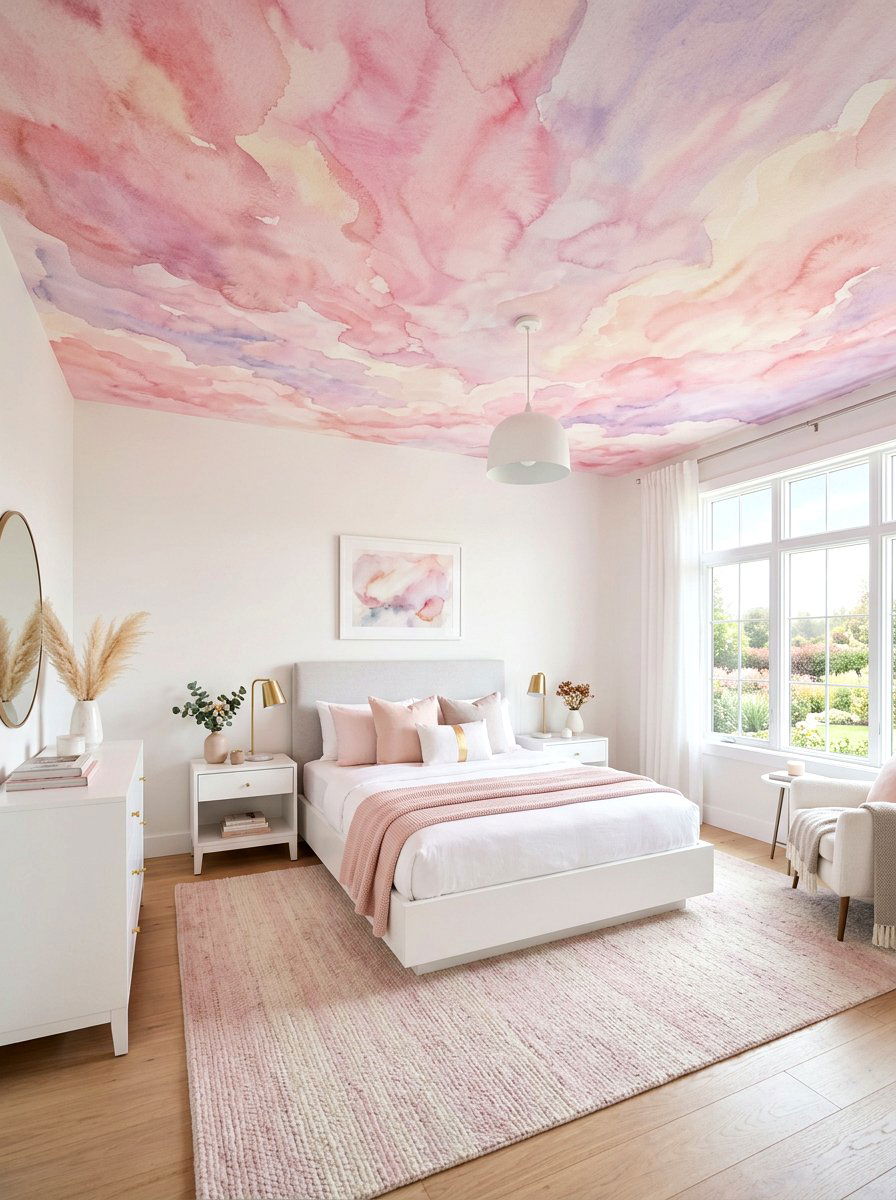 Pink Watercolor Sky - 30 ceiling wallpaper bedroom ideas