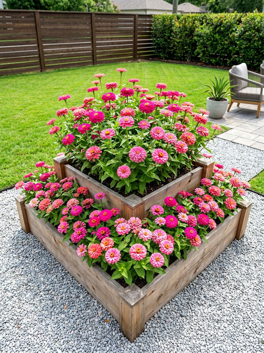 Pink Zinnia Raised Bed - 30 zinnia border ideas