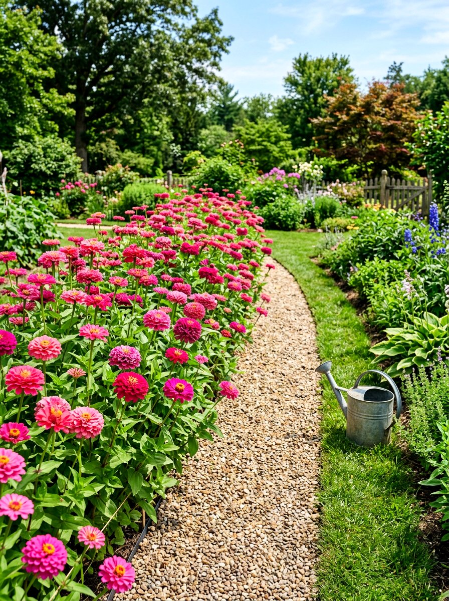 Pink Zinnia Row - 30 pink flower bed ideas