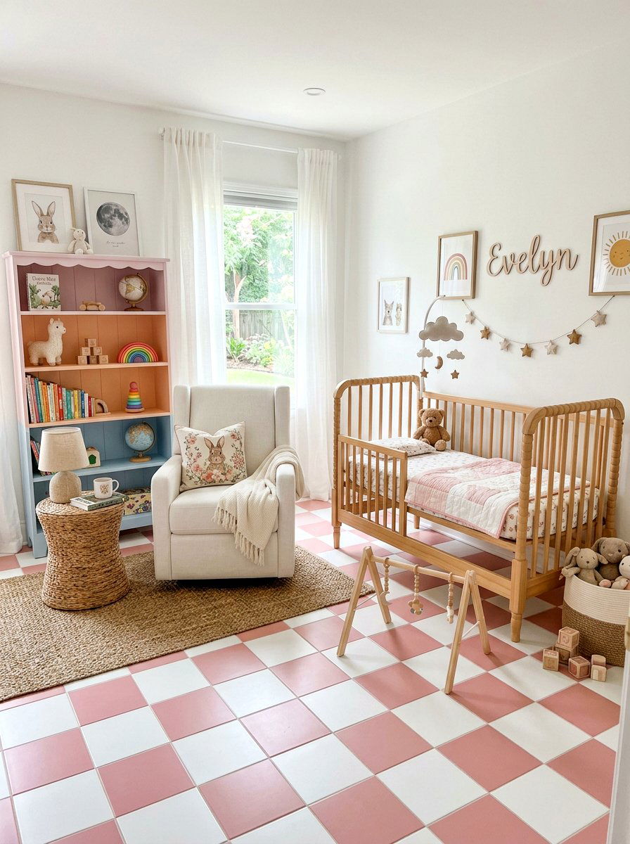 Pink and white checkerboard nursery - 30 peel and stick checkerboard floor ideas