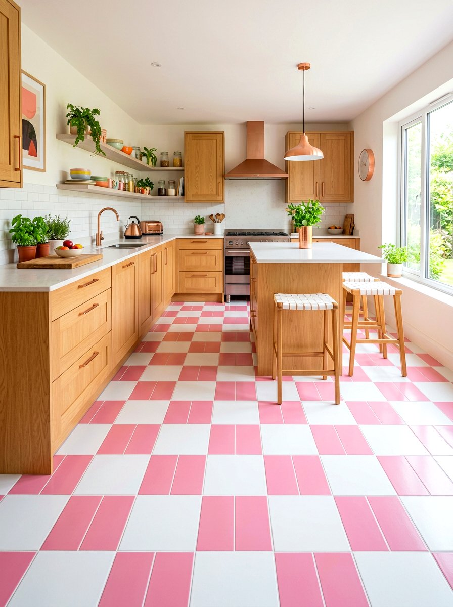 Pink and white checkerboard tile - 30 checkerboard kitchen tile ideas