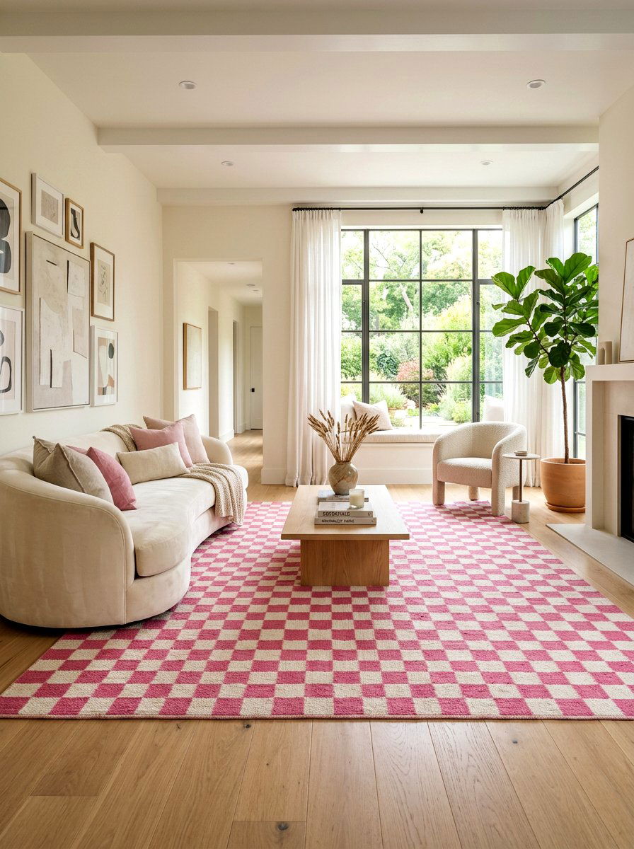 Pink and white checkered rug - 30 bright checkerboard decor ideas