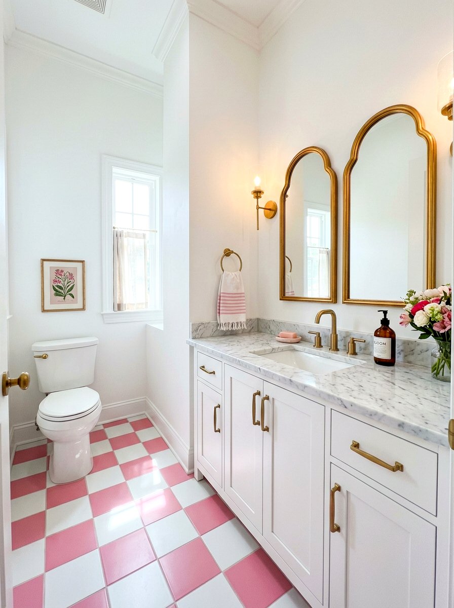 Pink and white pastel bathroom floor - 30 checkerboard bath floor ideas