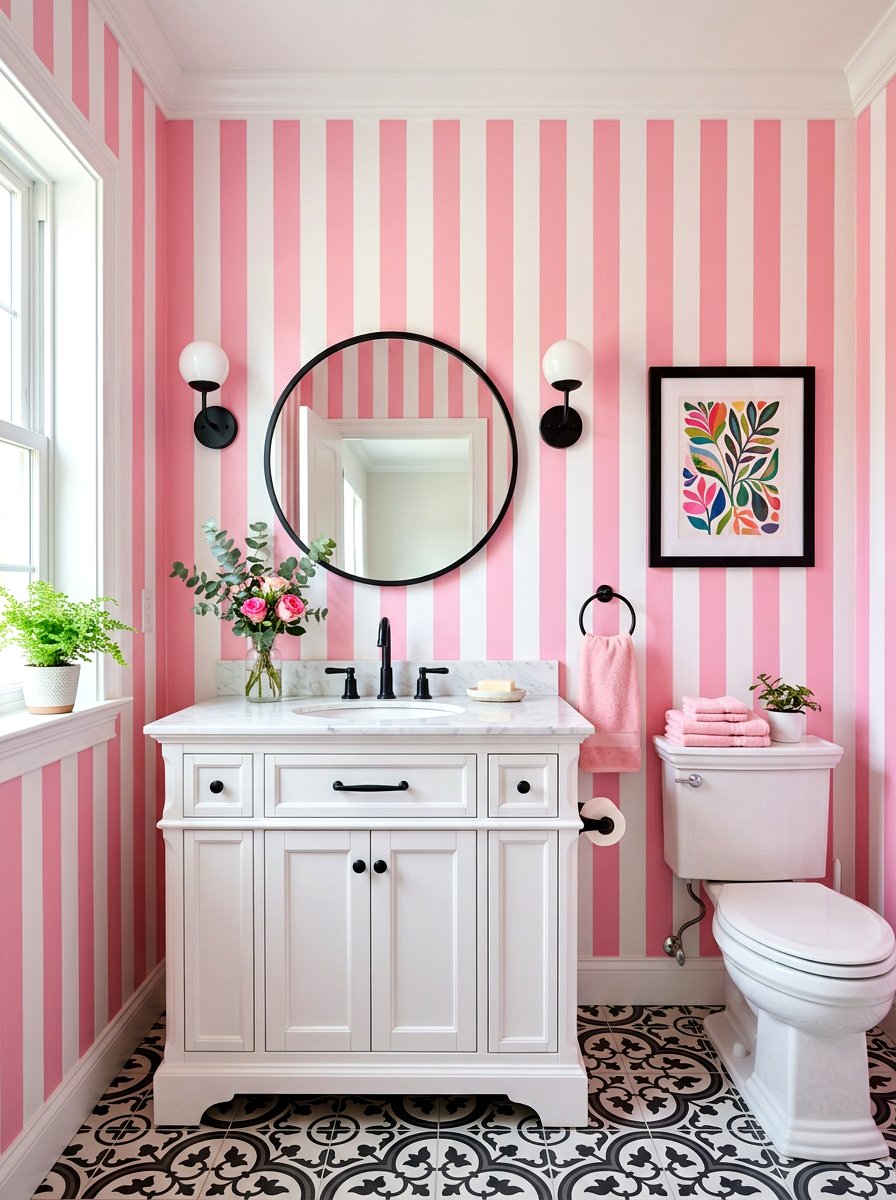 Pink and white striped walls - 30 striped powder room ideas