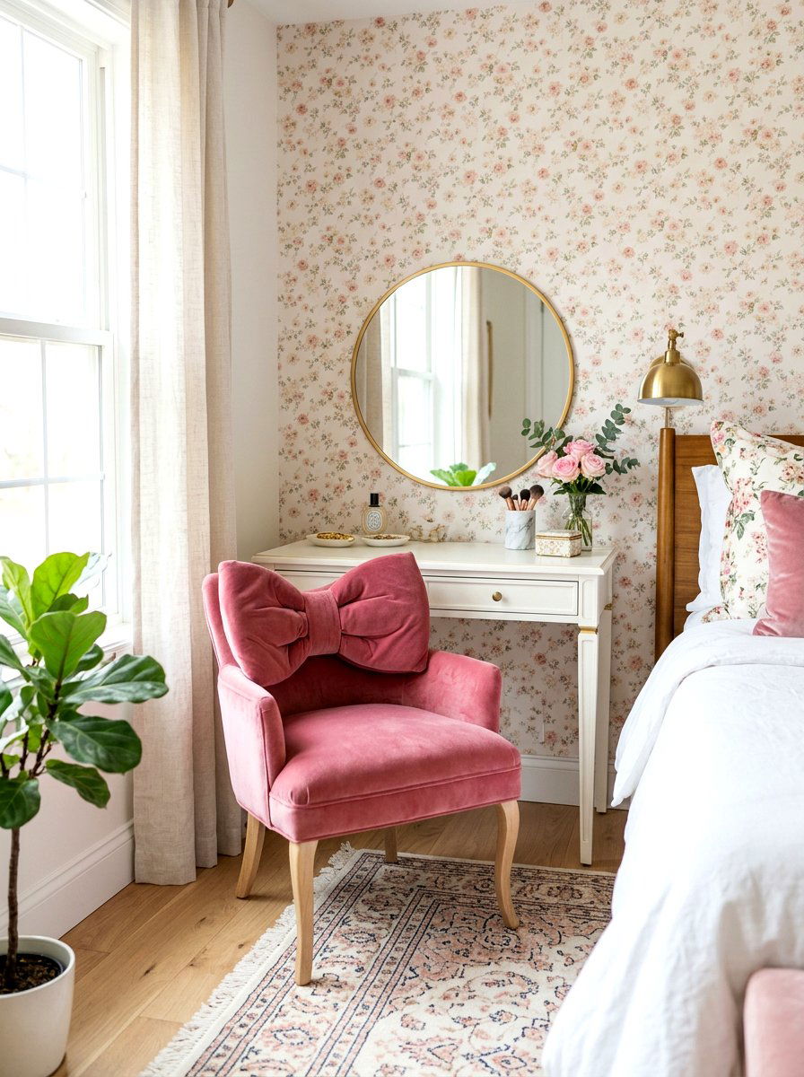 Pink bow chair - 30 coquette vanity ideas