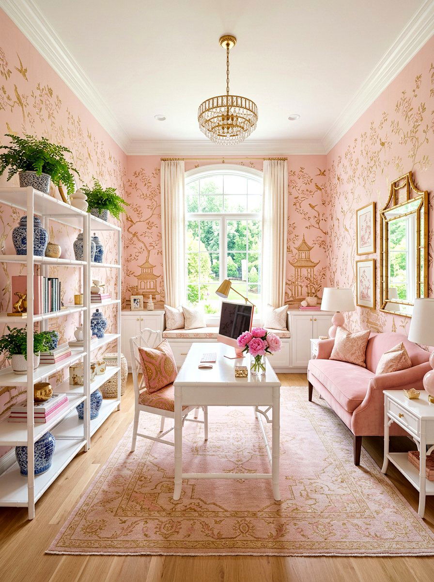 Pink chinoiserie home office - 30 chinoiserie office ideas