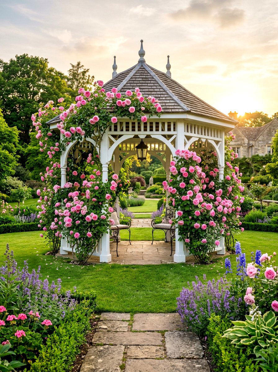 Pink climbing rose gazebo - 30 gazebo flower garden ideas