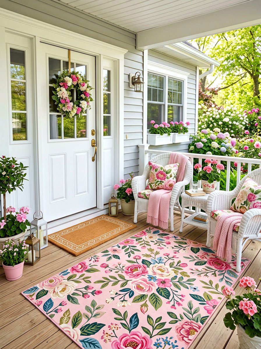 Pink floral accent rug - 30 porch doormat layering ideas