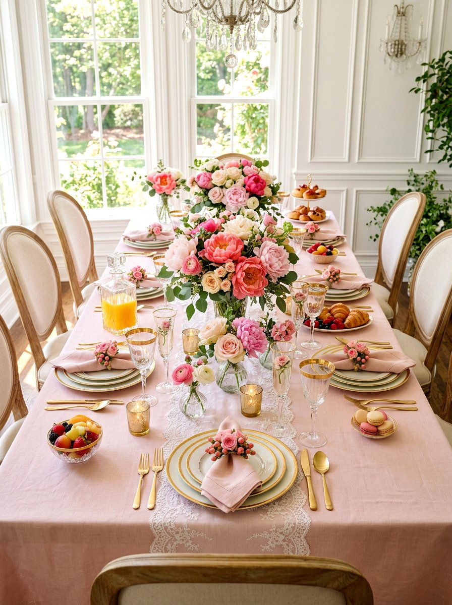 Pink floral brunch table - 30 elegant brunch table ideas