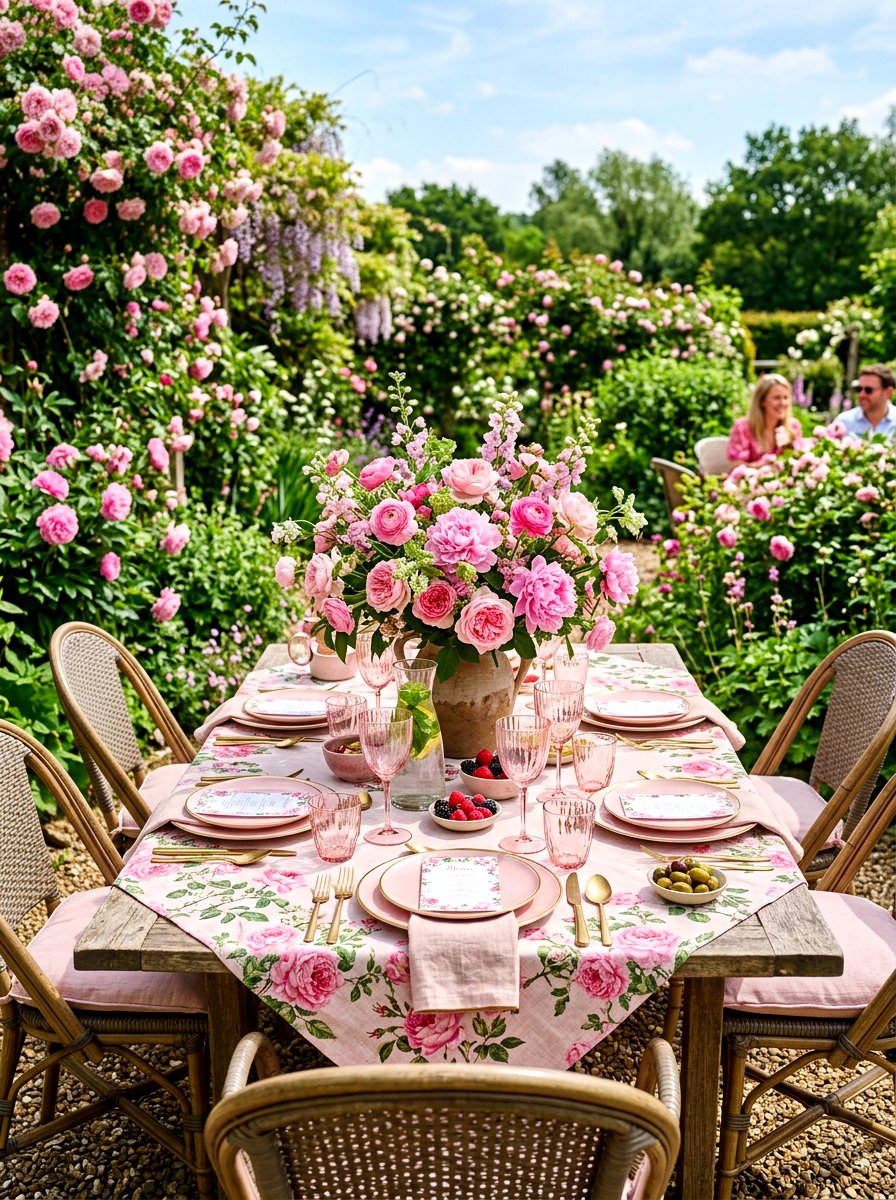 Pink floral garden lunch - 30 summer patio tablescape ideas