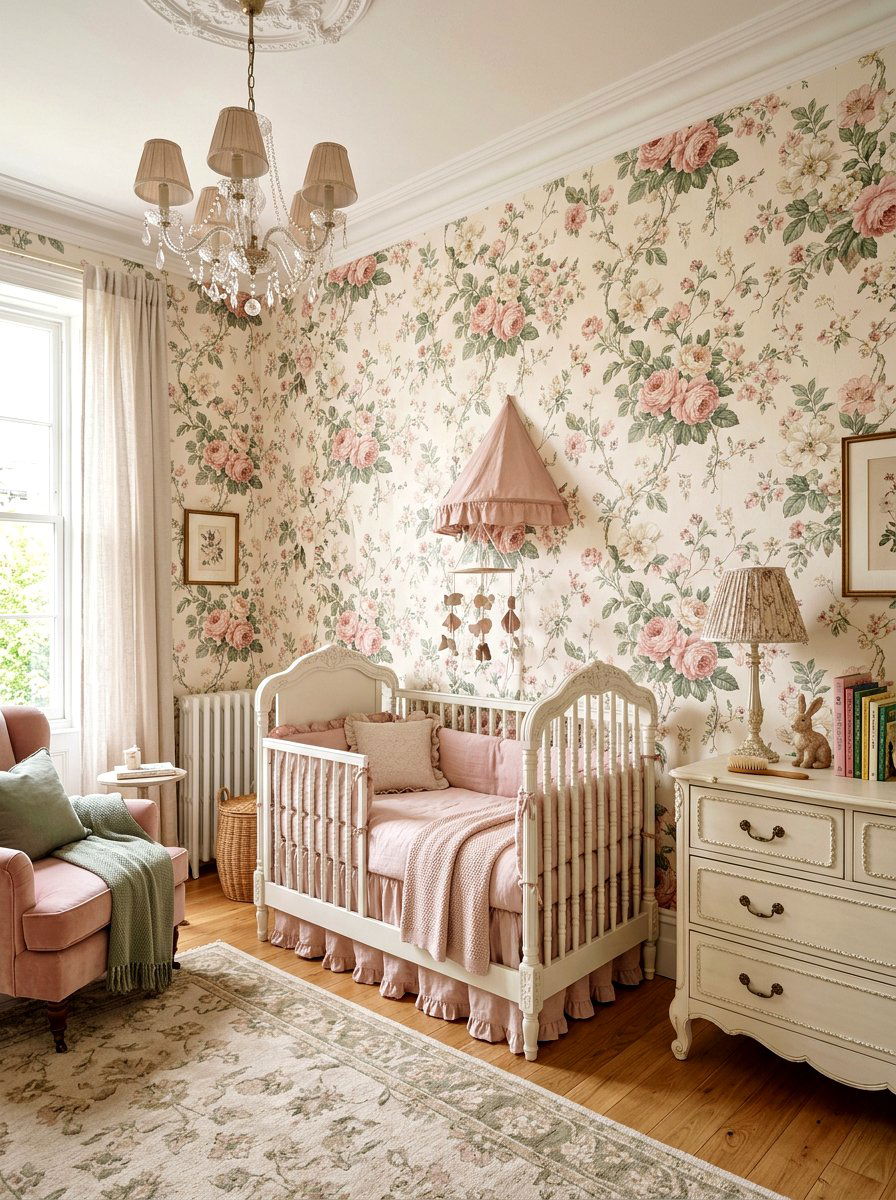 Pink floral nursery wallpaper - 30 romantic baby room ideas
