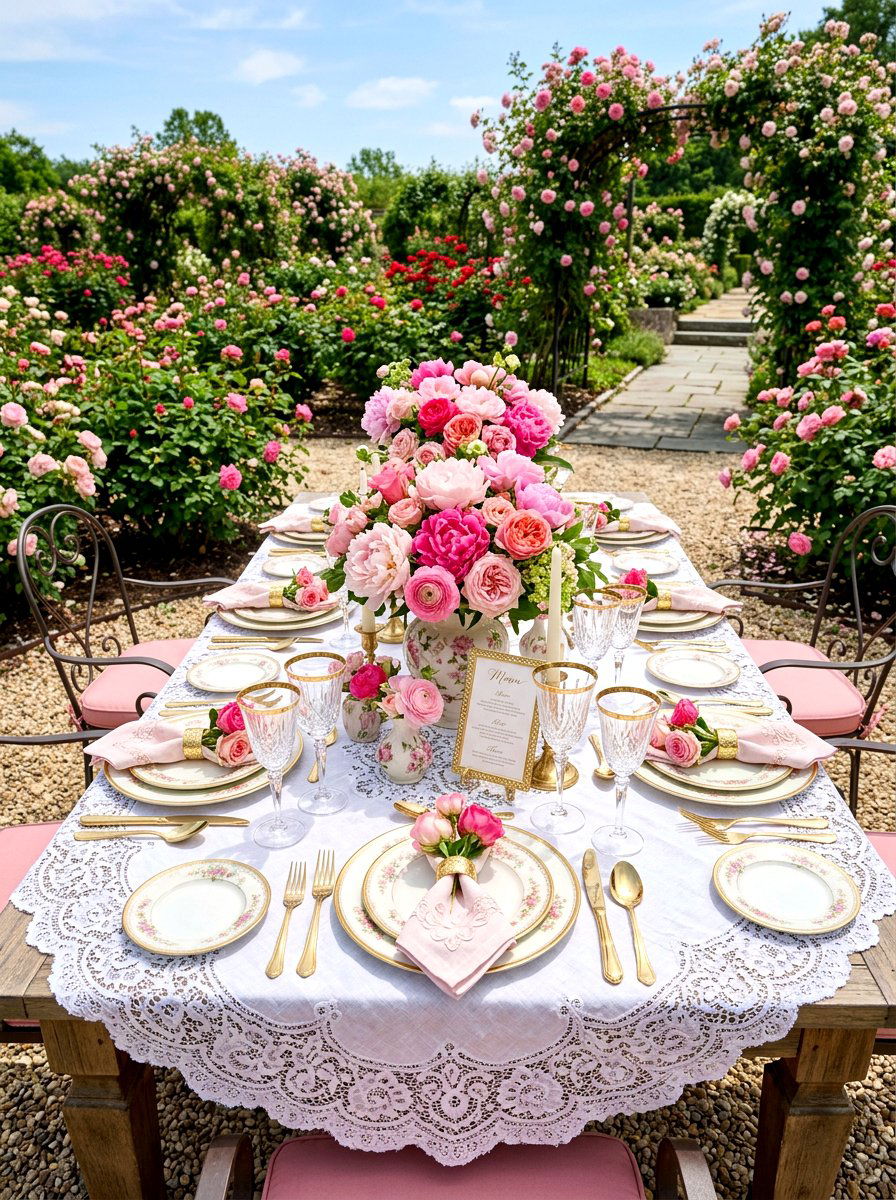 Pink floral table setting - 30 garden baby shower table ideas