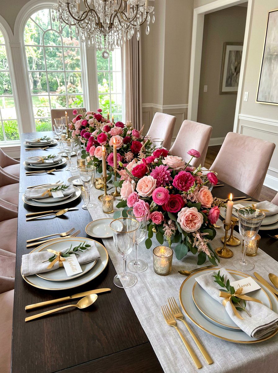 Pink floral tablescape - 30 New Year brunch table ideas