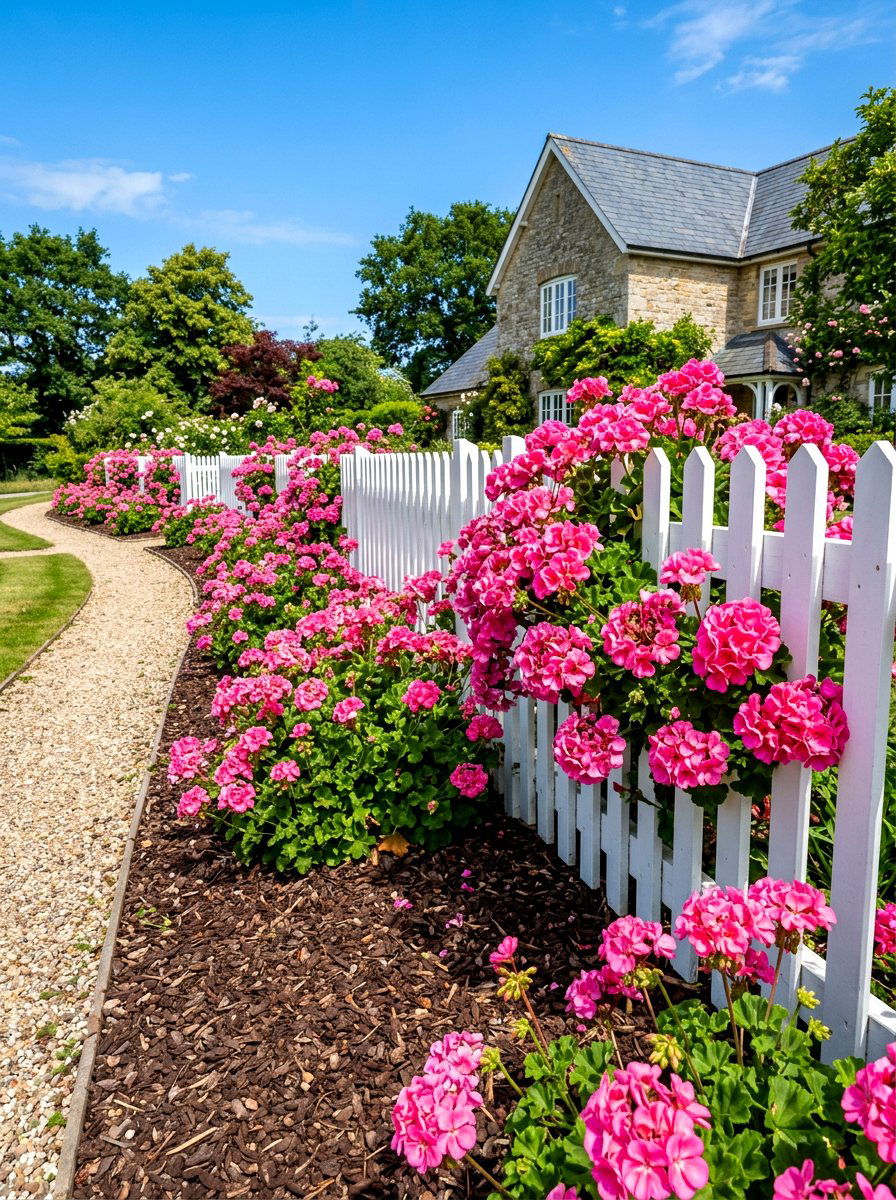 Pink geranium garden - 30 annual flower border ideas