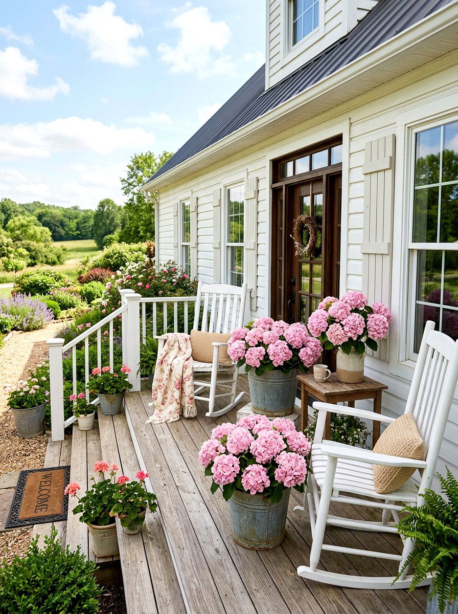 Pink hydrangea farmhouse porch - 30 hydrangea heavy front porch ideas