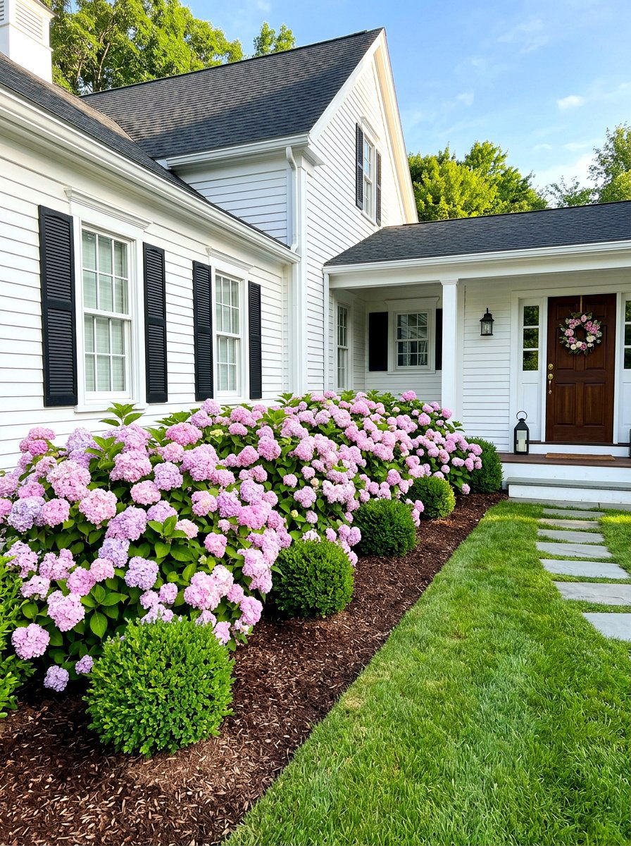 Pink hydrangea foundation planting - 30 hydrangea hedge ideas