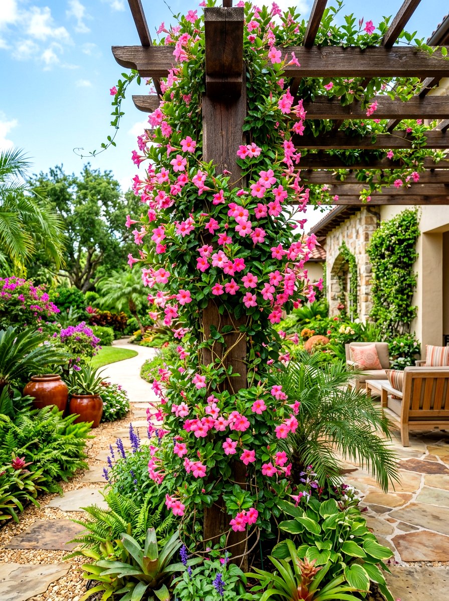 Pink mandevilla vine garden - 30 summer bloom garden ideas