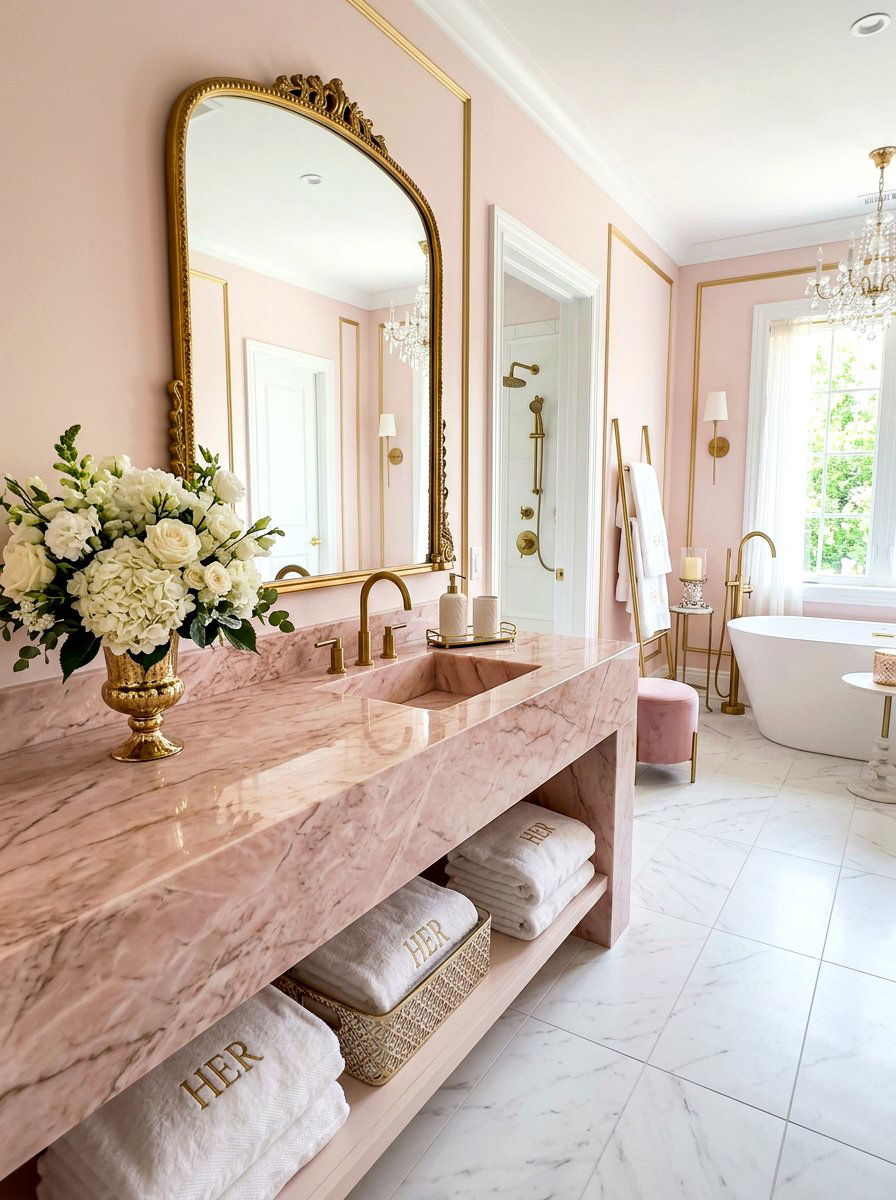 Pink marble bathroom sink - 30 integrated sink countertop ideas