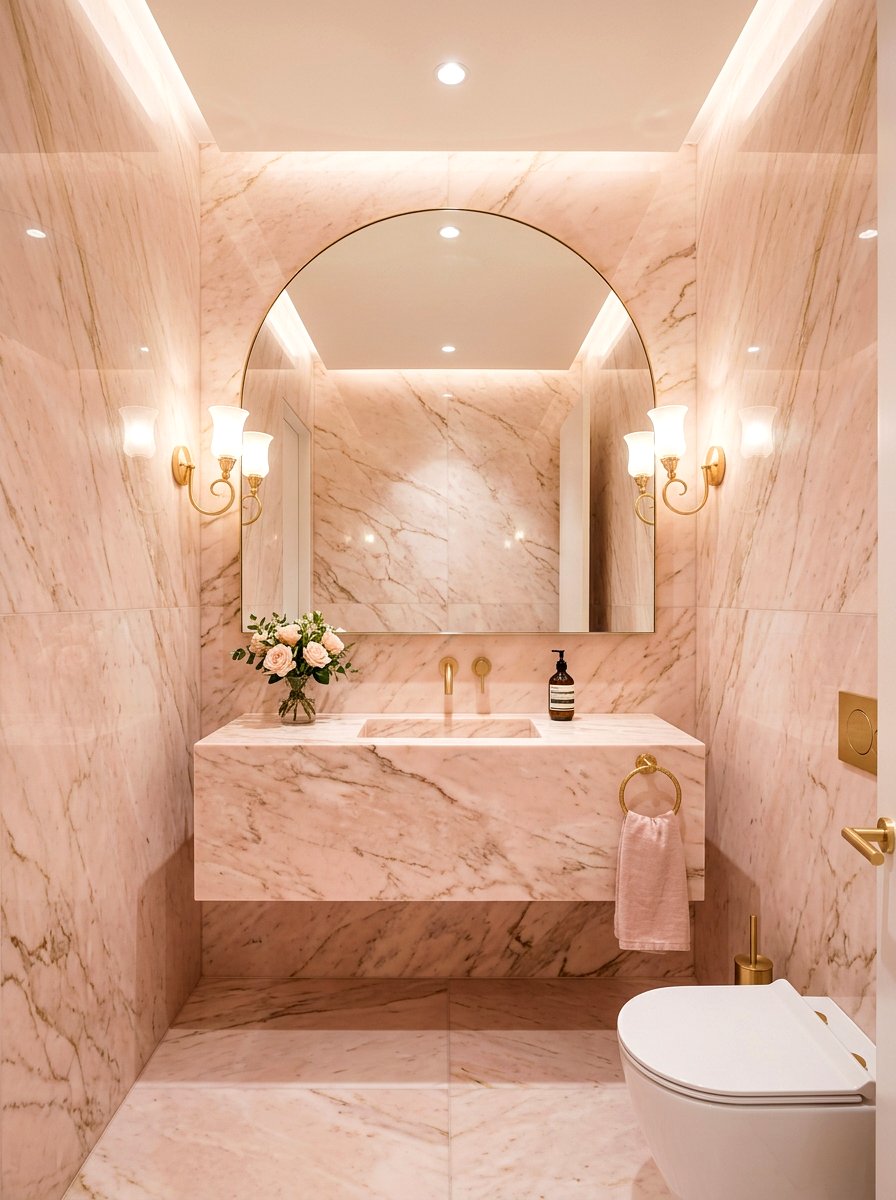 Pink marble stone powder room - 30 jewel box powder room ideas