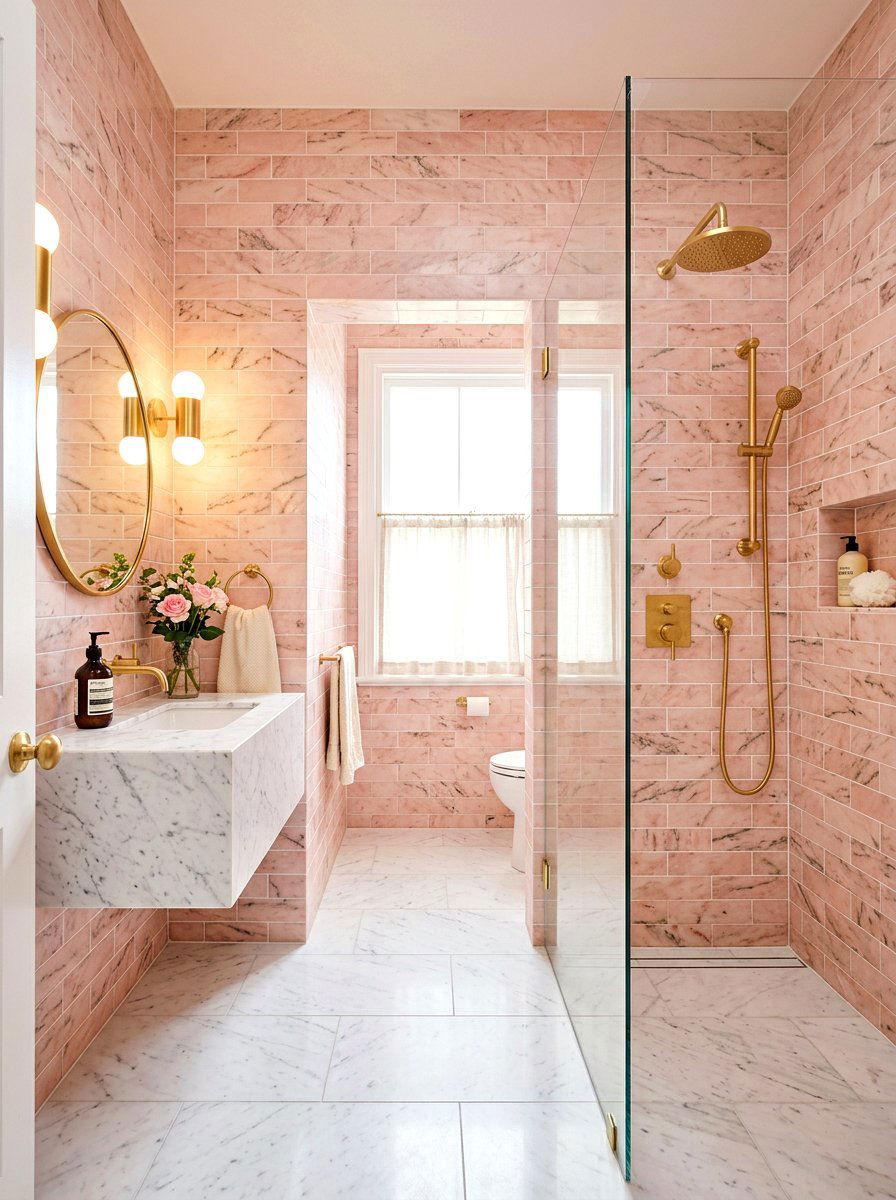 Pink marble subway wall tile - 30 removable tile bathroom ideas