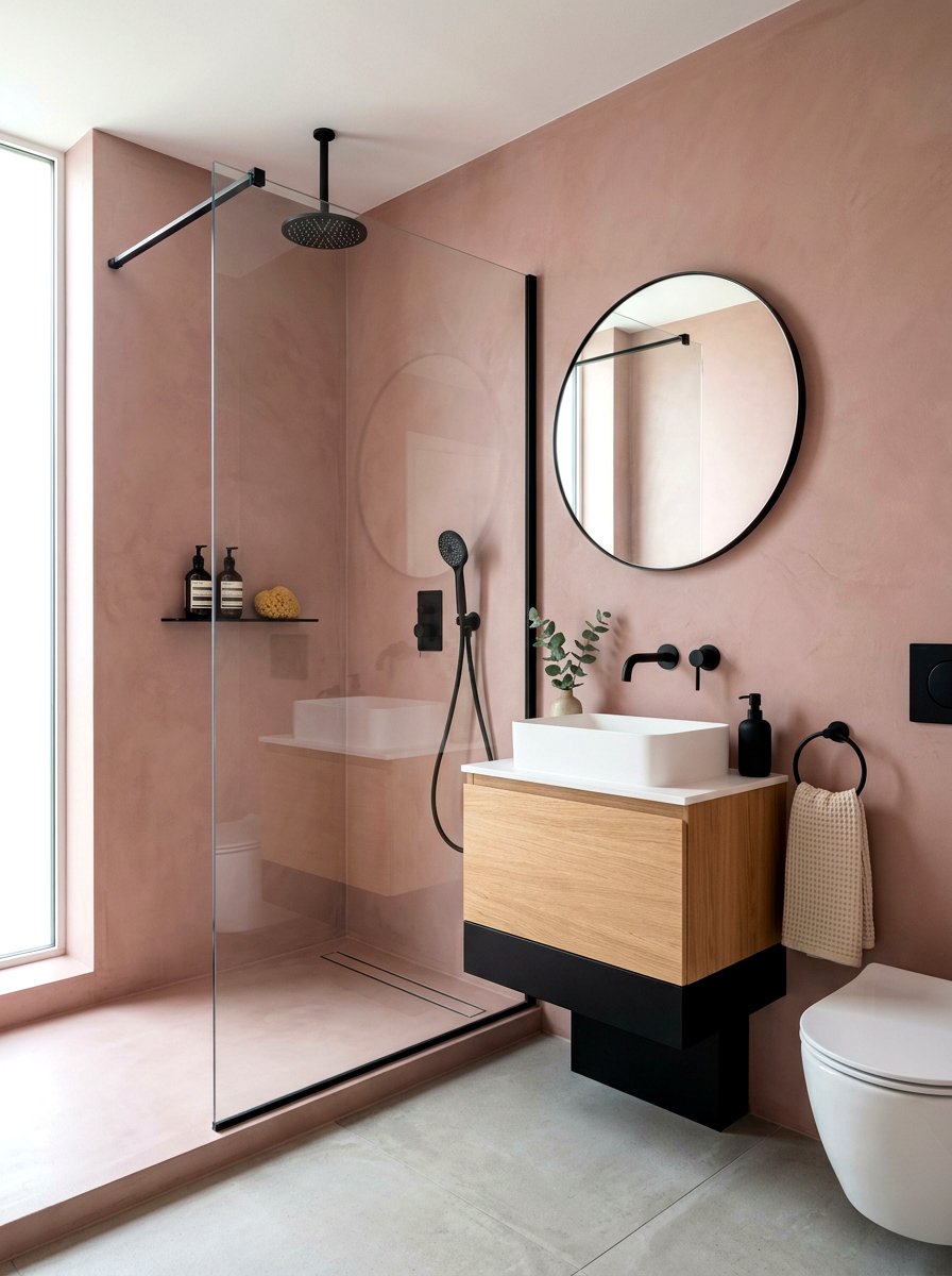 Pink microcement shower - 30 microcement shower ideas