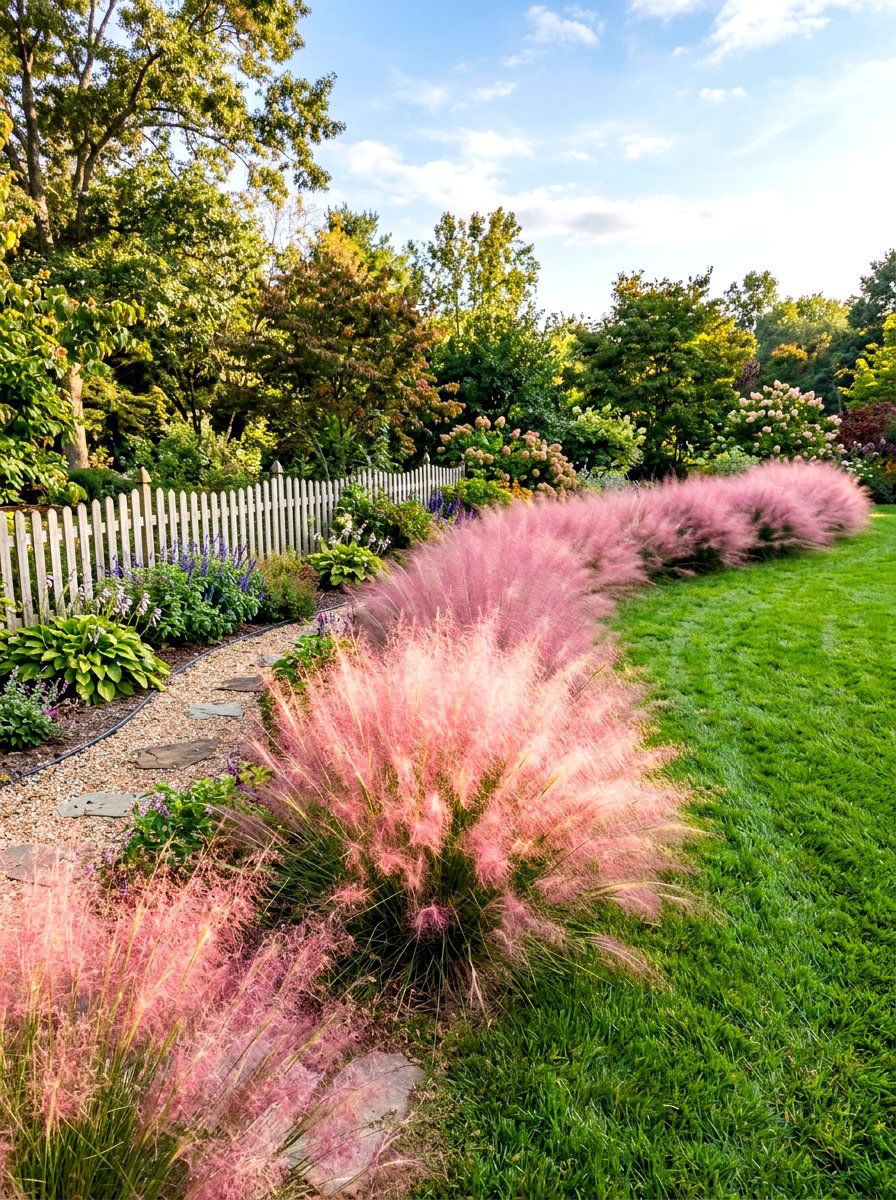 Pink muhly grass garden edge - 30 ornamental grass border ideas