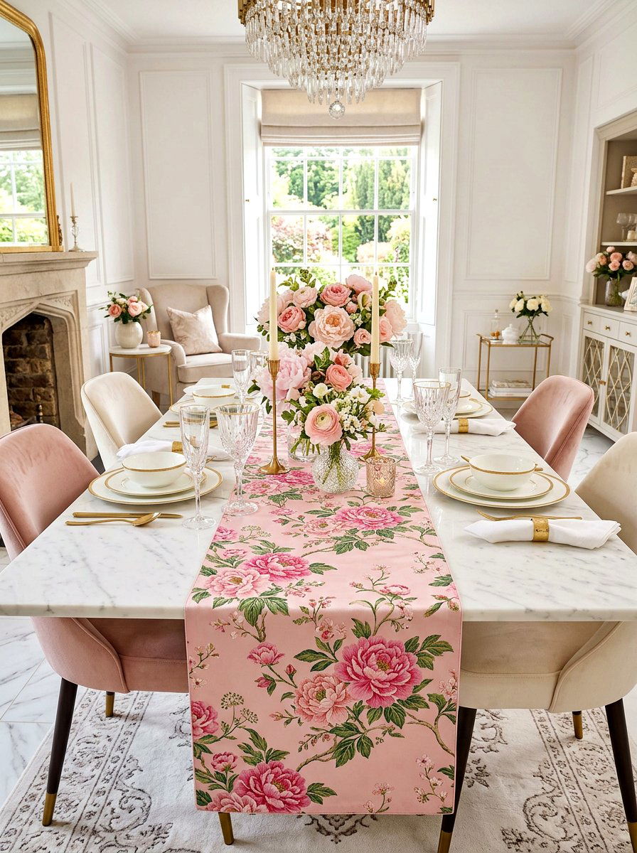 Pink peony silk table runner - 30 floral table runner ideas