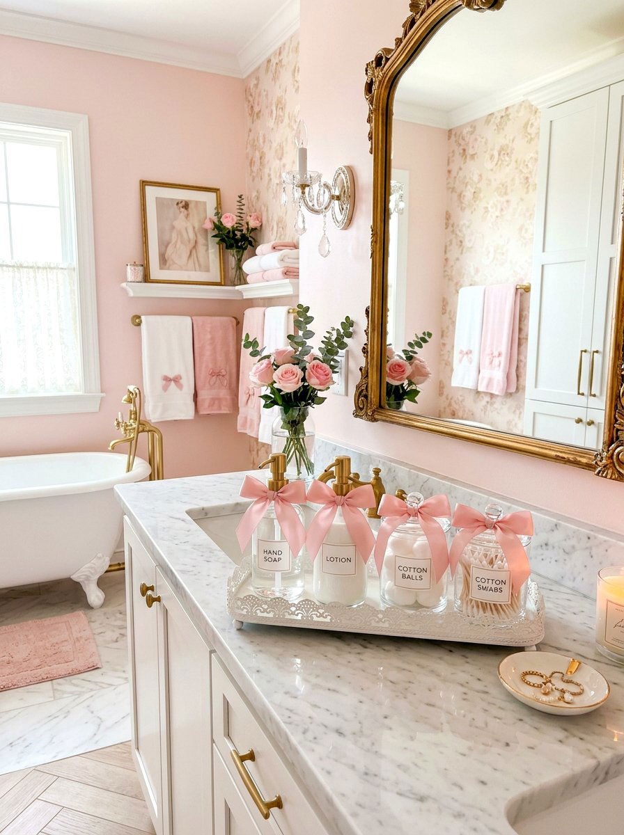 Pink ribbon bathroom accessories - 30 coquette bathroom ideas
