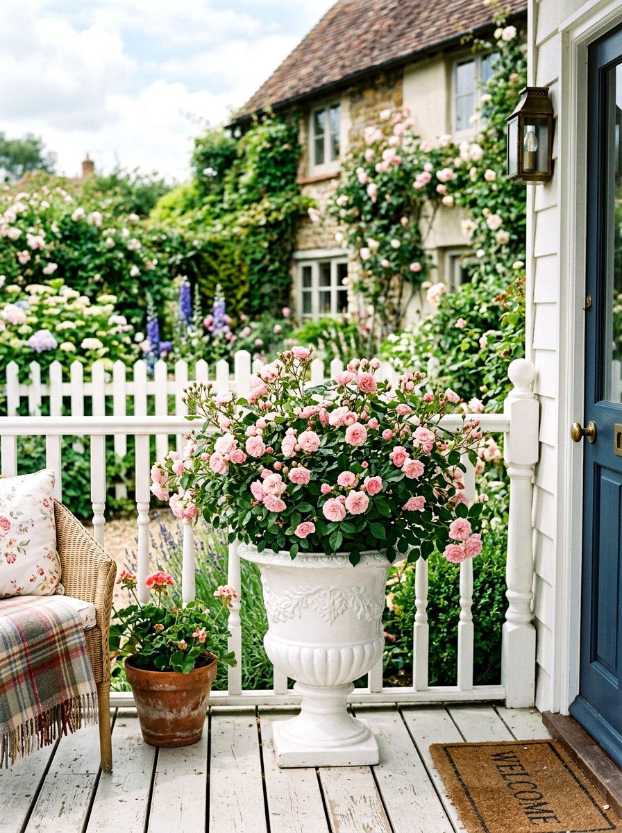 Pink rose porch urn - 30 porch urn planter ideas