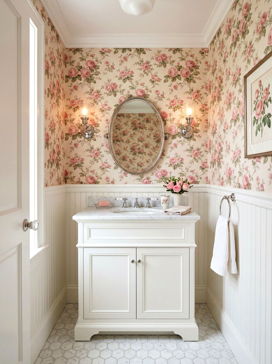 Pink rose wallpaper bathroom - 30 floral wallpaper powder room ideas