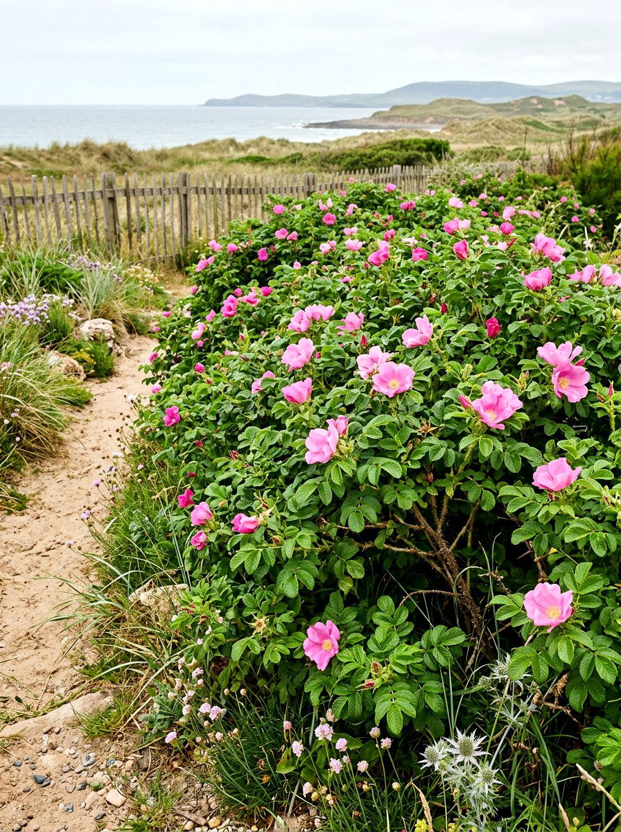 Pink rugosa rose hedge - 30 rose hedge ideas