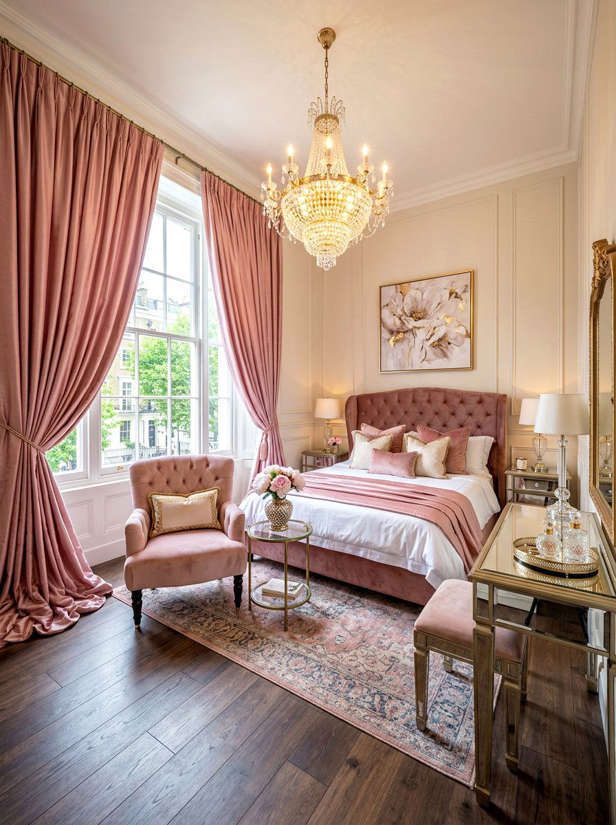 Pink silk puddled curtains - 30 puddled curtains bedroom ideas