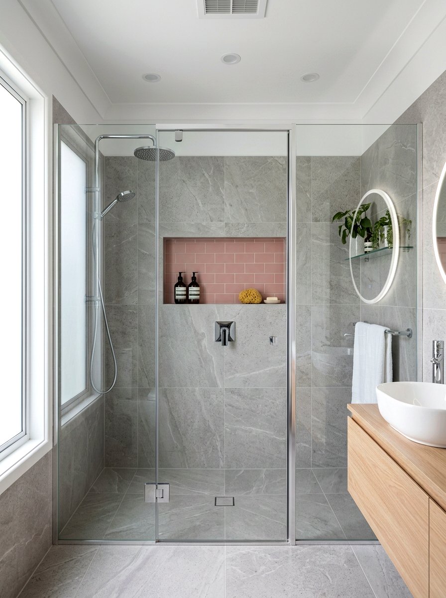 Pink tile shower niche - 30 niche tile contrast ideas