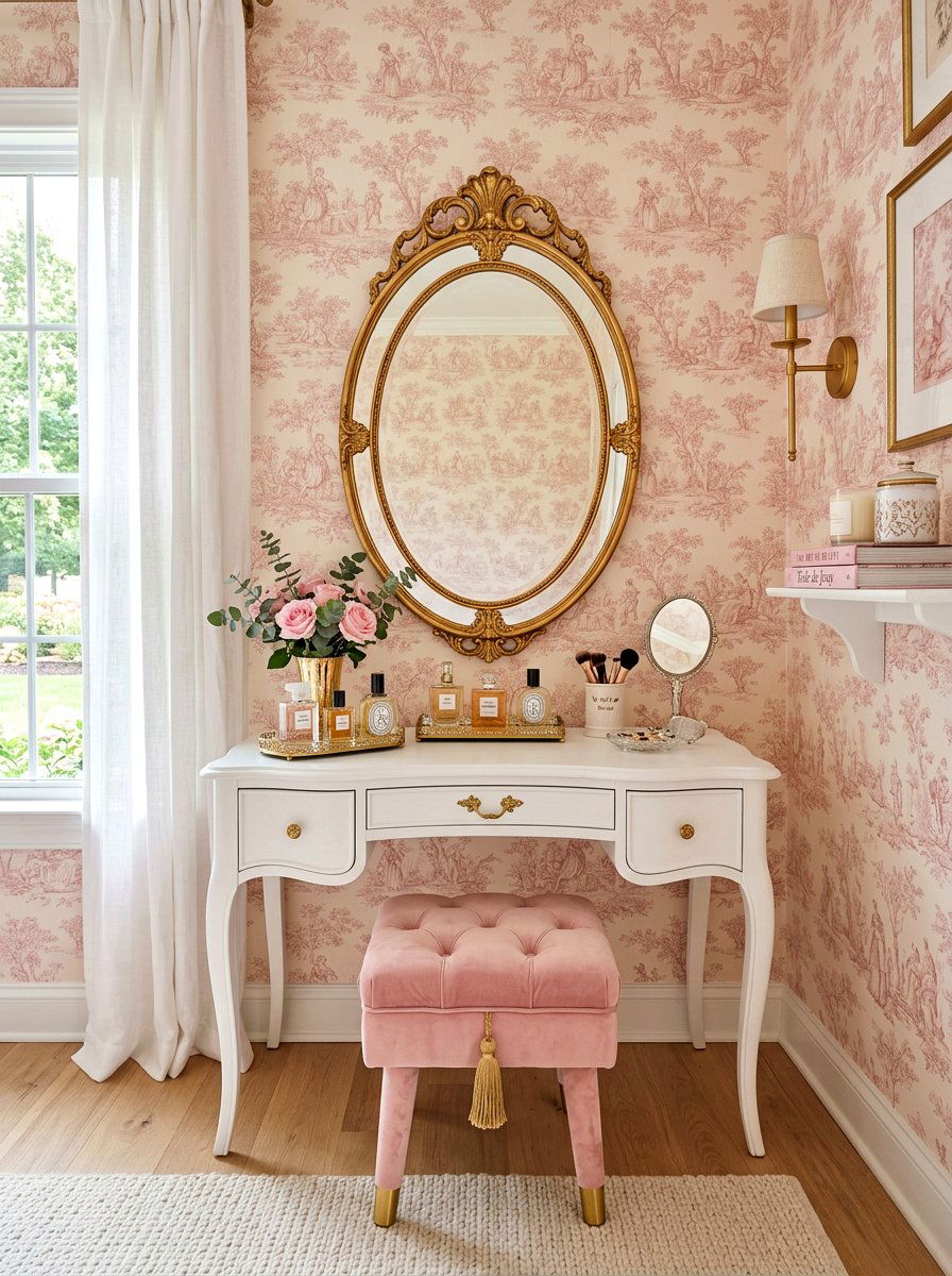 Pink toile vanity area - 30 toile decor ideas