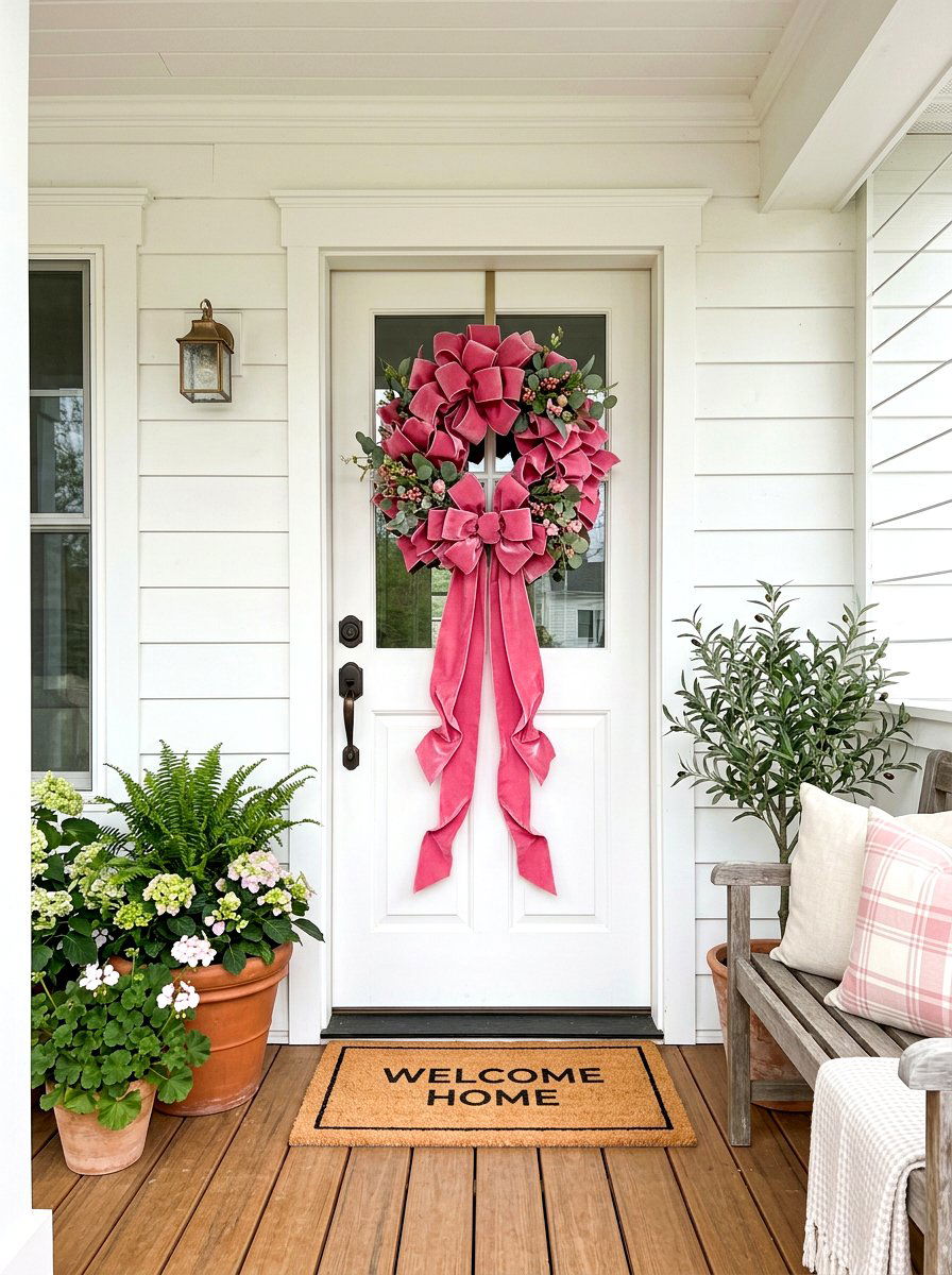 Pink velvet ribbon bow wreath - 30 ribbon decor ideas
