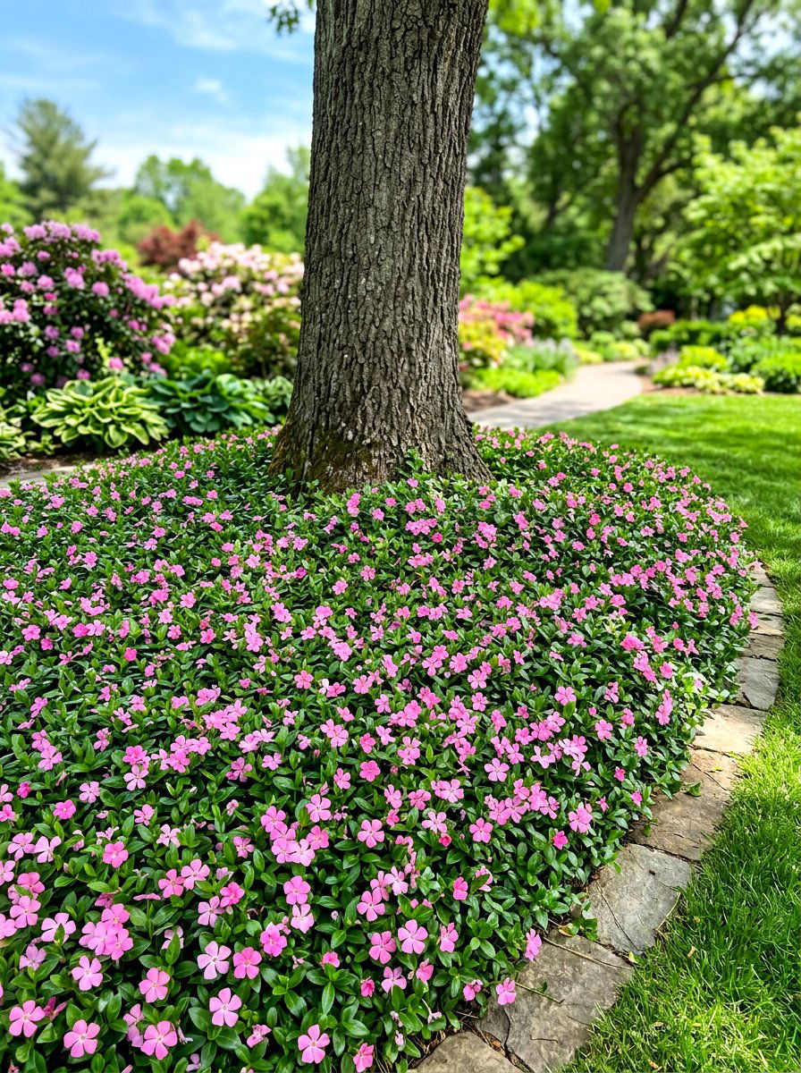 Pink vinca ground cover - 30 summer bloom garden ideas
