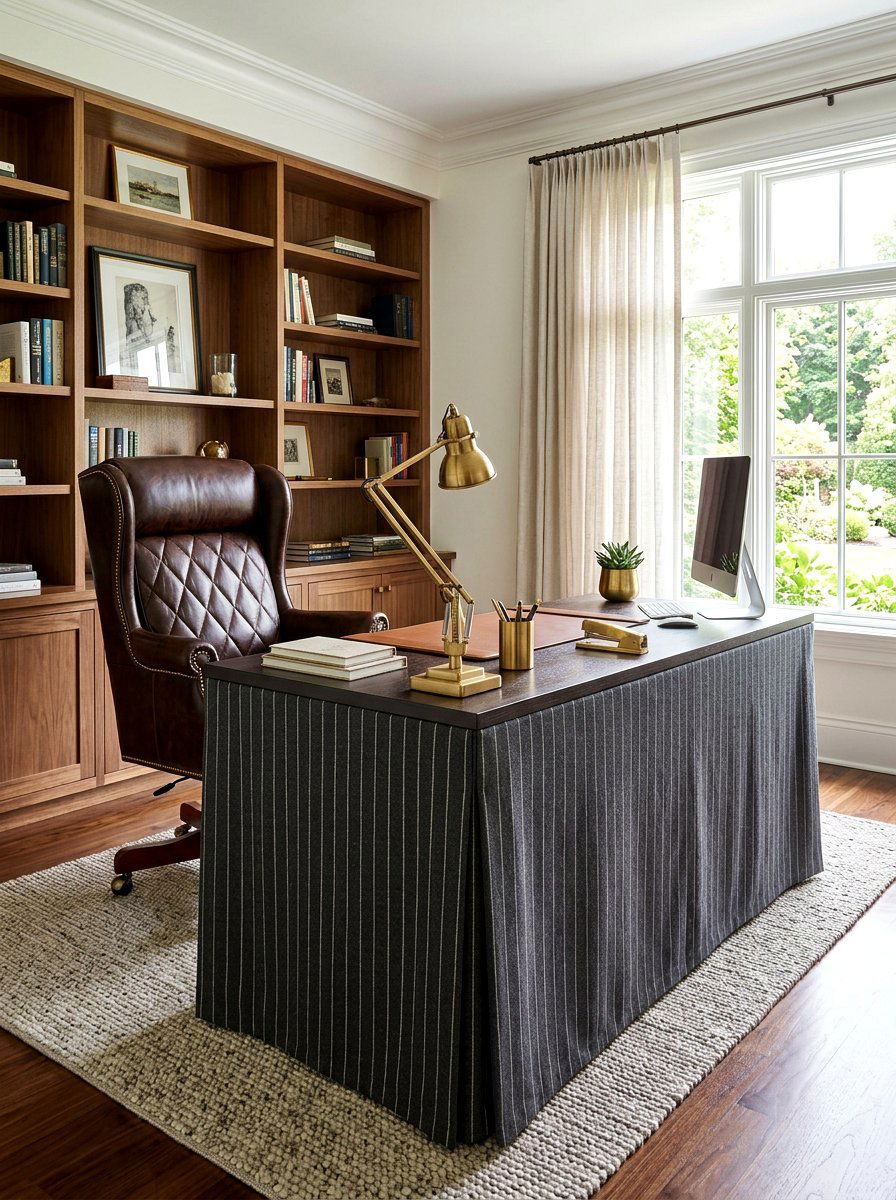 Pinstripe Office Skirted Desk - 30 skirted table ideas