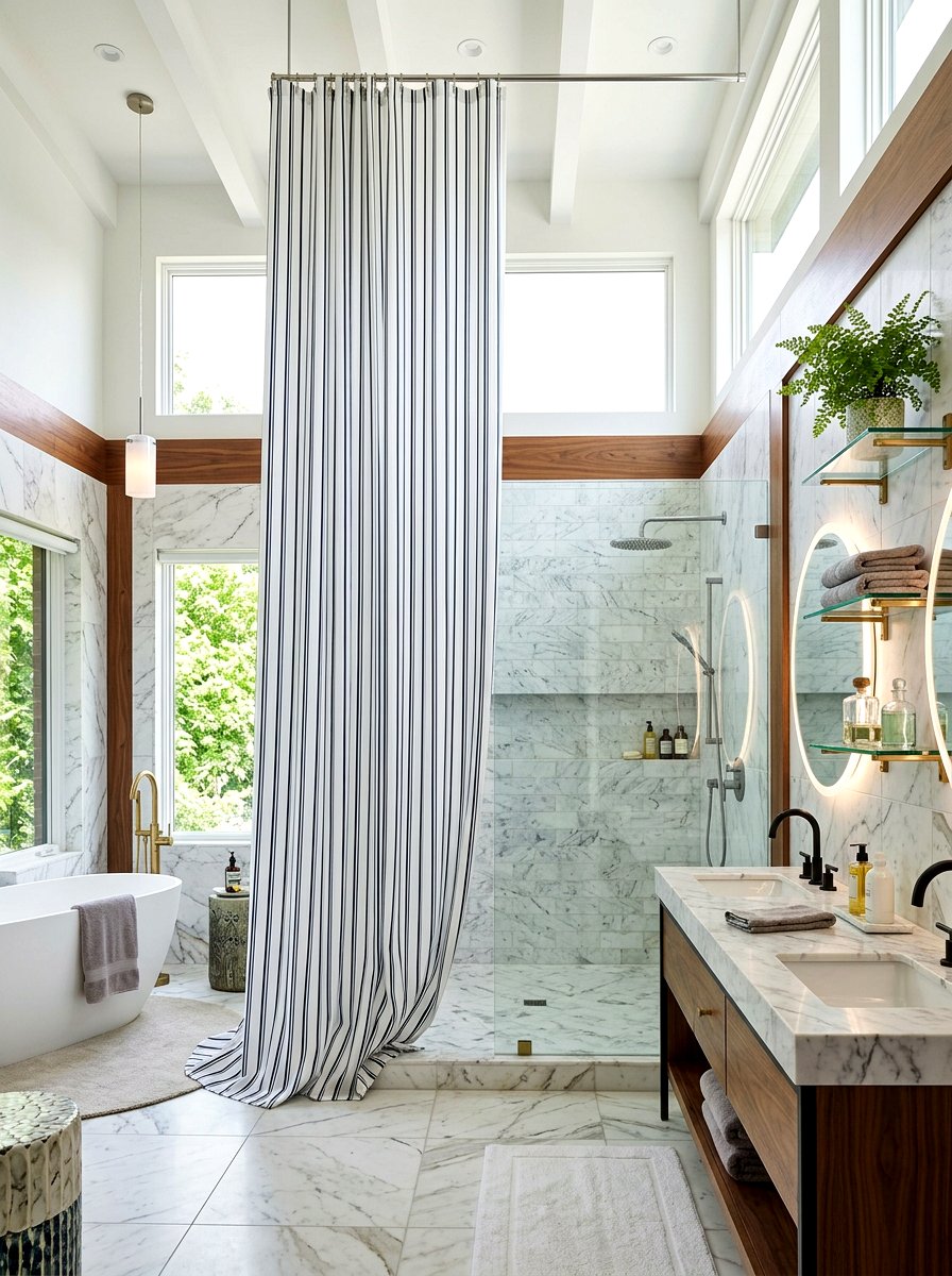 Pinstripe extra long shower curtain - 30 shower curtain bathroom ideas