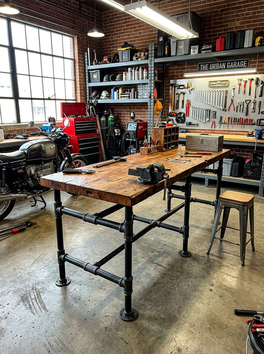 Pipe Leg Industrial Workbench - 30 garage workbench ideas