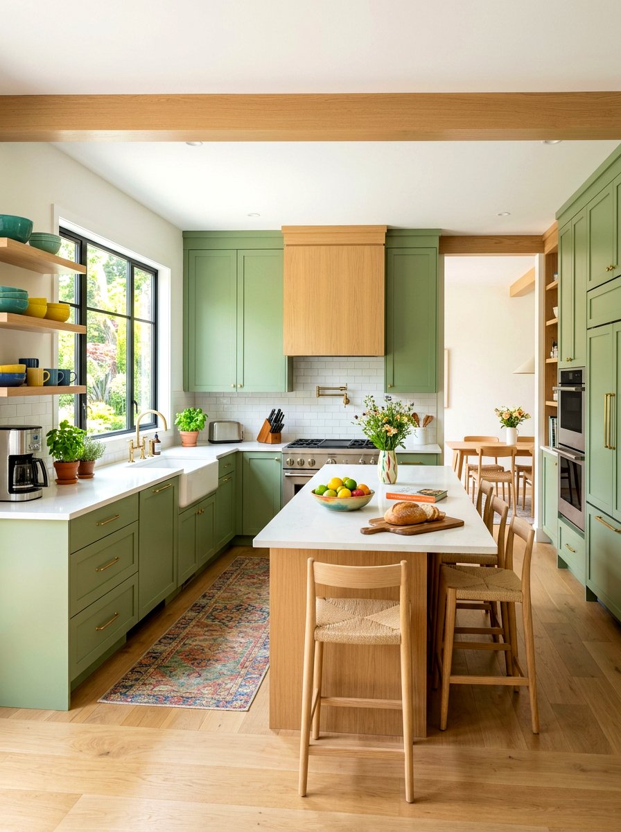 Pistachio green and oak kitchen - 30 green and wood kitchen ideas