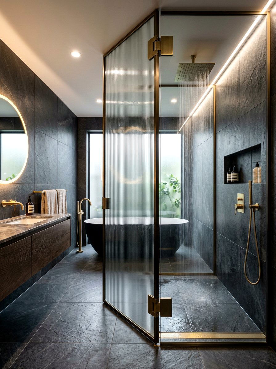 Pivot fluted glass shower door - 30 ribbed glass shower ideas