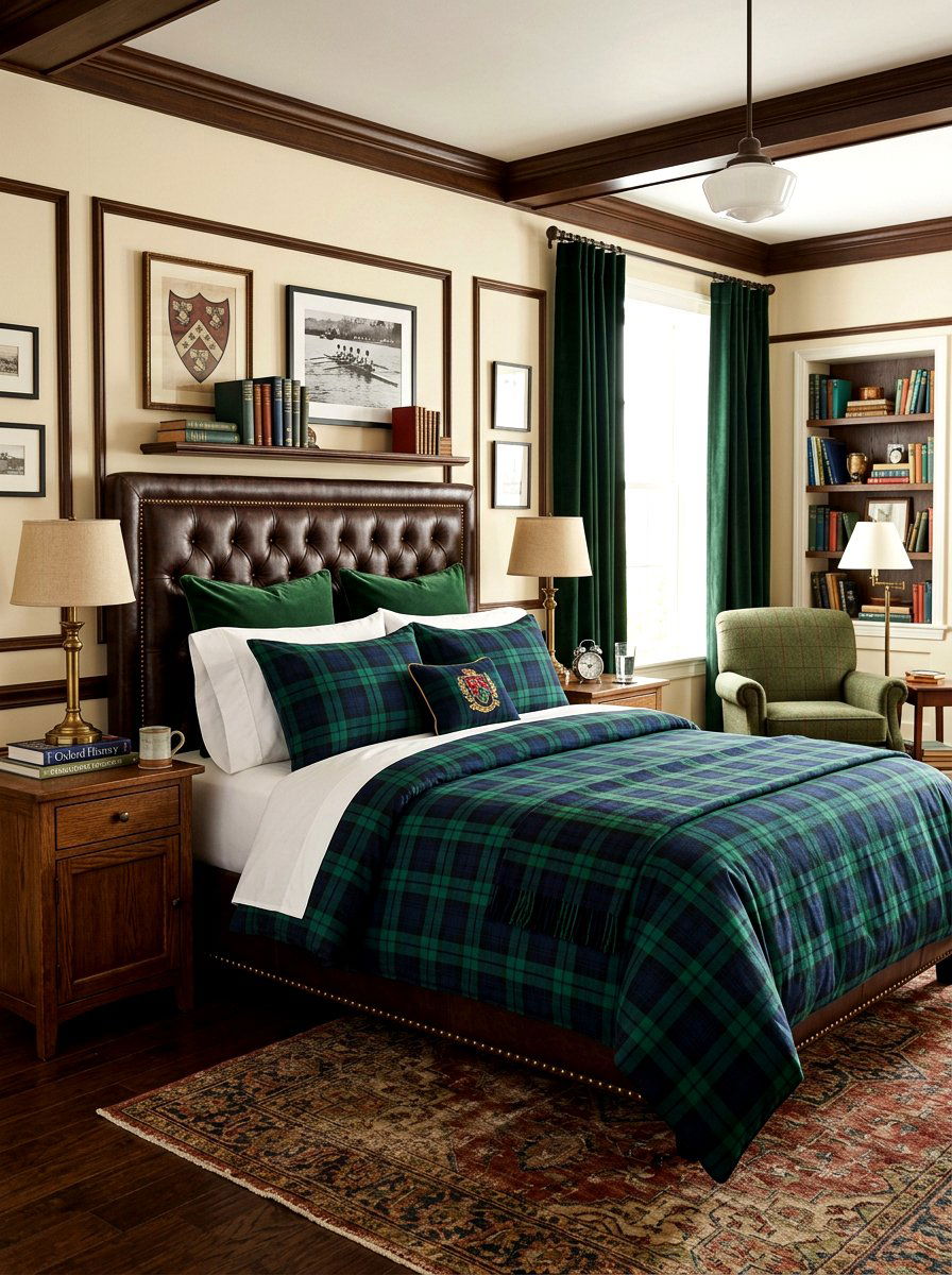 Plaid Bedding Style - 30 dark academia bedroom ideas