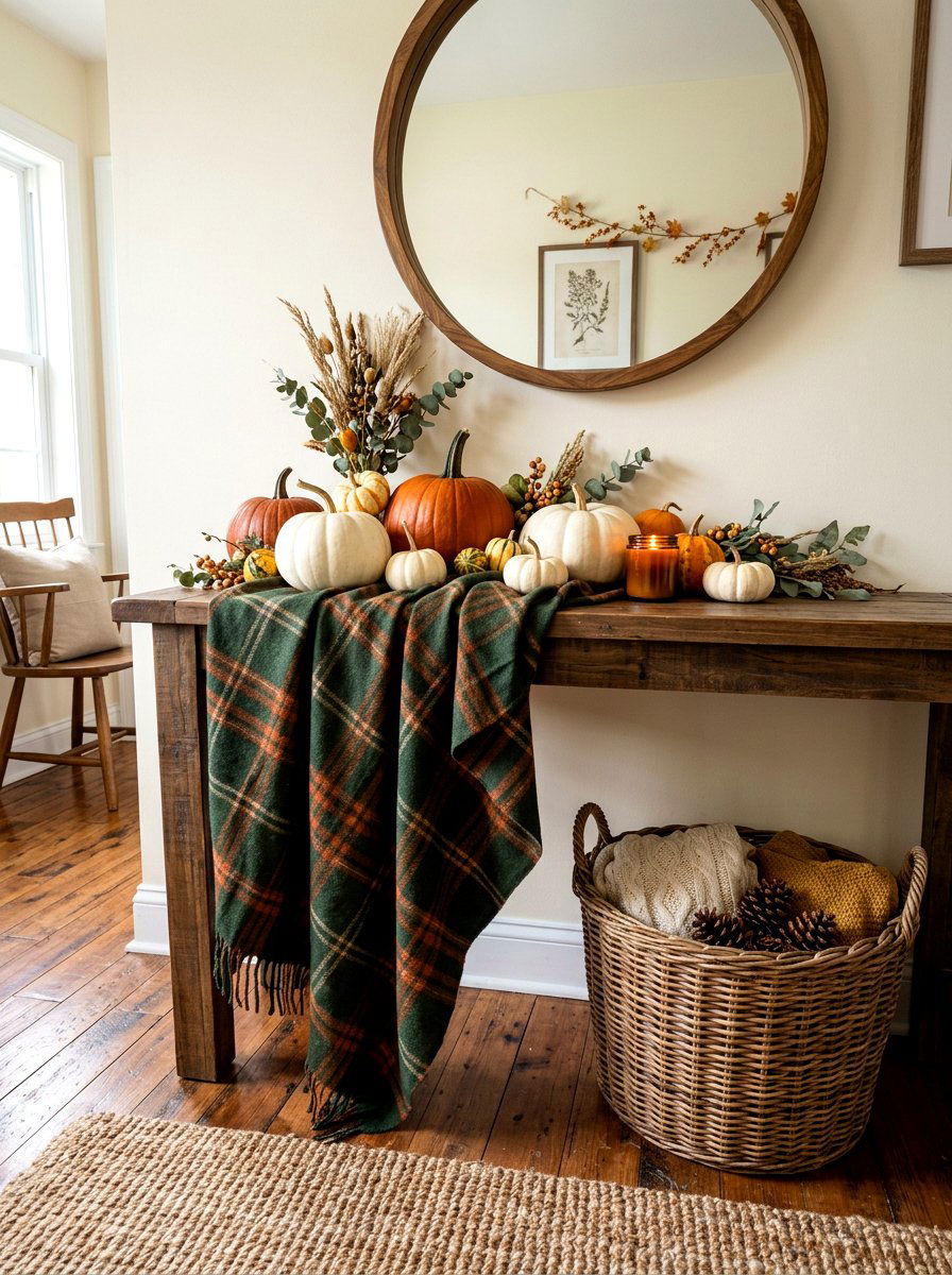 Plaid Blanket Fall Console Table - 30 Thanksgiving entry table ideas