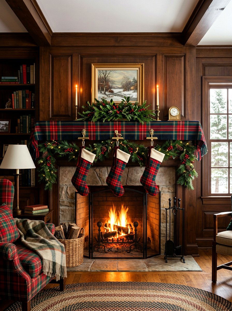 Plaid Textile Mantel - 30 winter mantel decor ideas
