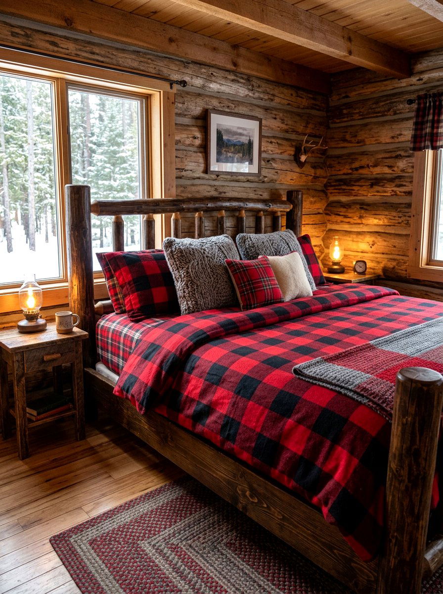Plaid pattern cabin bedding - 30 lake cabin decor ideas