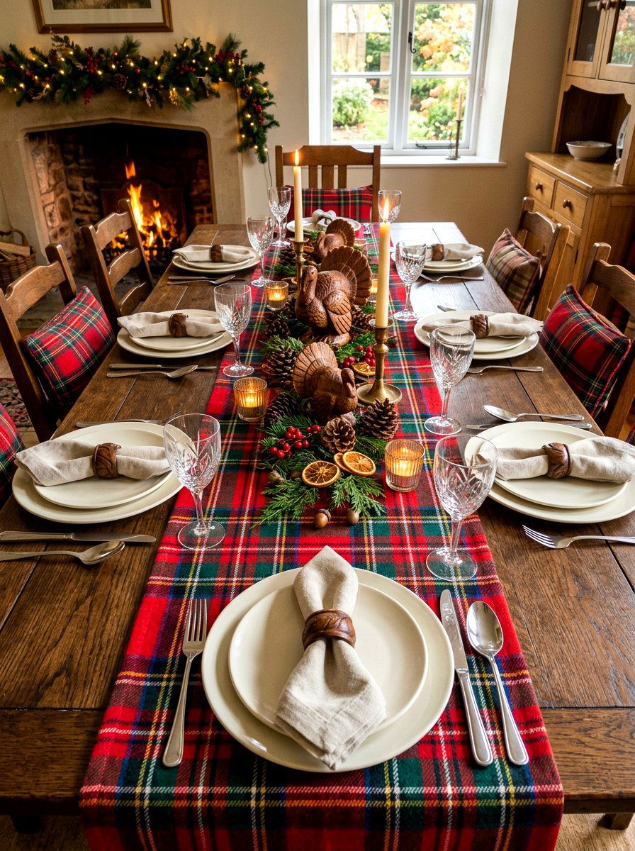 Plaid table runner styling - 30 Thanksgiving brunch table ideas